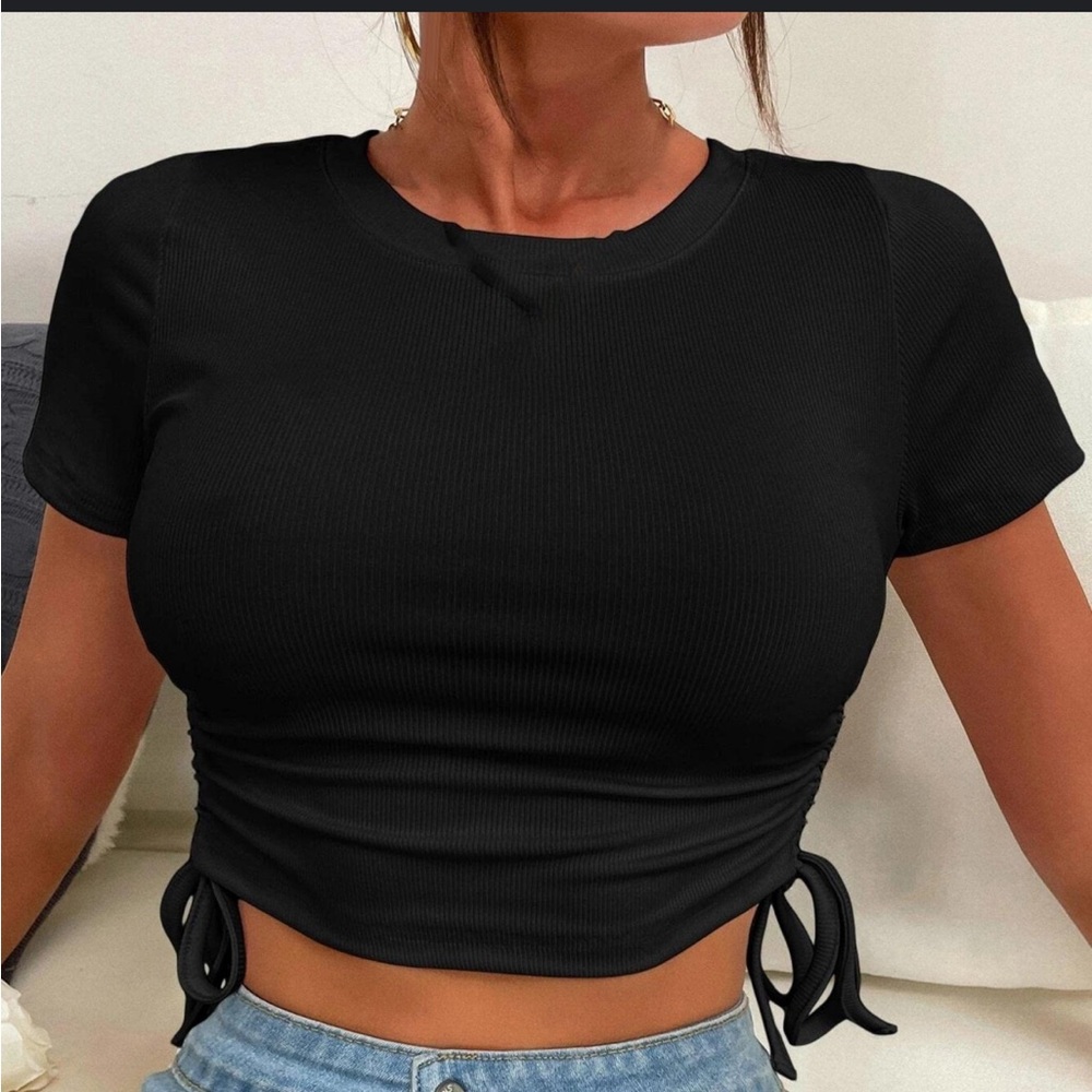 Zara ribbed cropped pull string T-Shirt